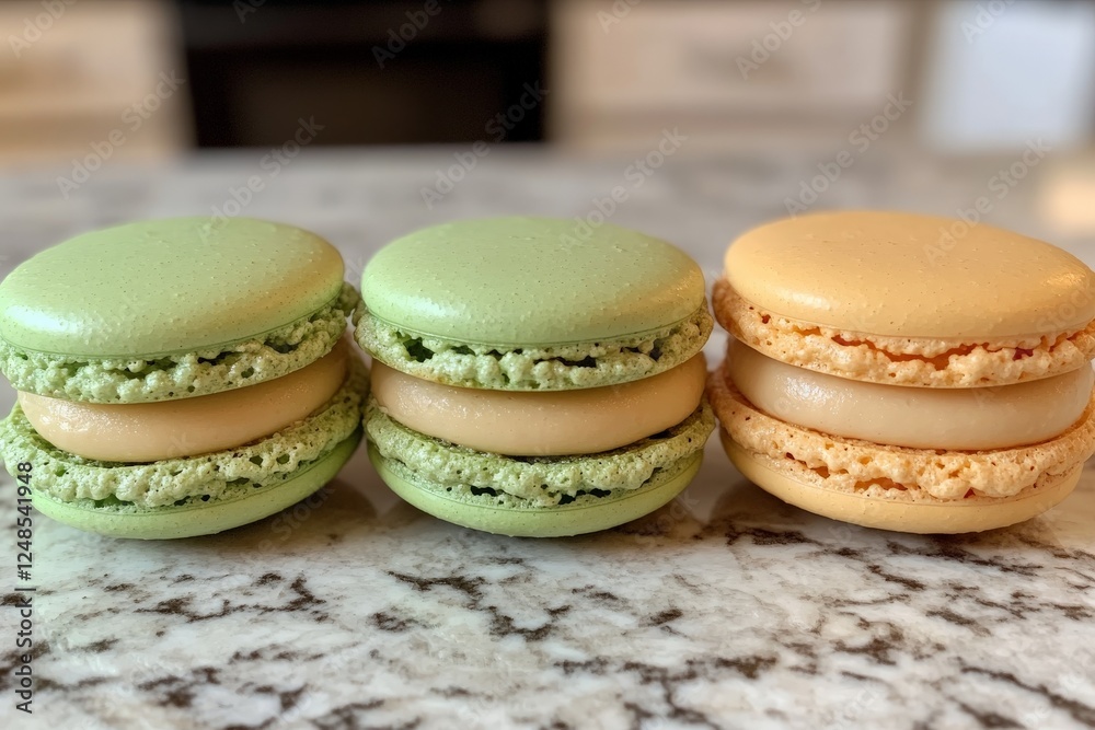 Colorful macarons displayed on a marble countertop showcasing a tasty dessert collection with a vibrant appearance Colorful macarons displayed on a marble countertop showcasing a tasty dessert collection with a vibrant appearance