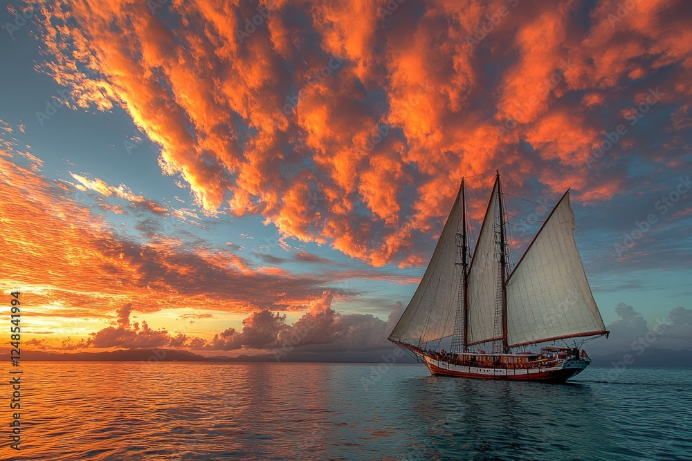 Fototapeta premium A majestic schooner sails serenely across the ocean under a breathtaking sunset sky.