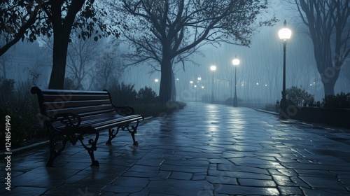 A lonely park bench under the rain in a misty city park at night, evoking solitude and quiet introspection.