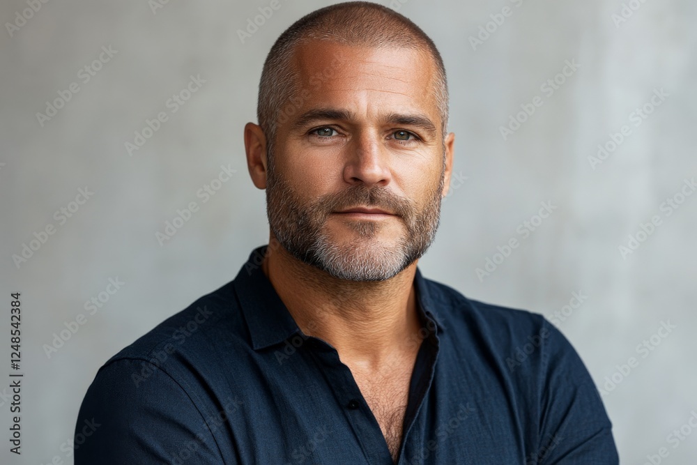 Confident man in casual attire posing against a minimalist background in a bright indoor setting Confident man in casual attire posing against a minimalist background in a bright indoor setting