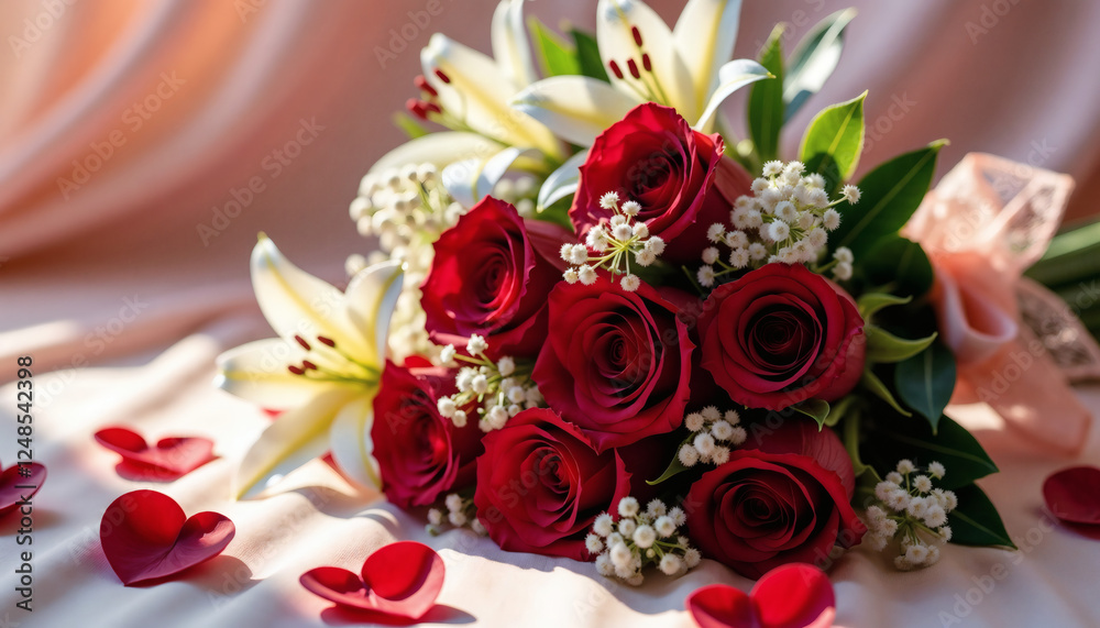 Fototapeta premium Romantic bouquet of red roses and lilies with petals on fabric