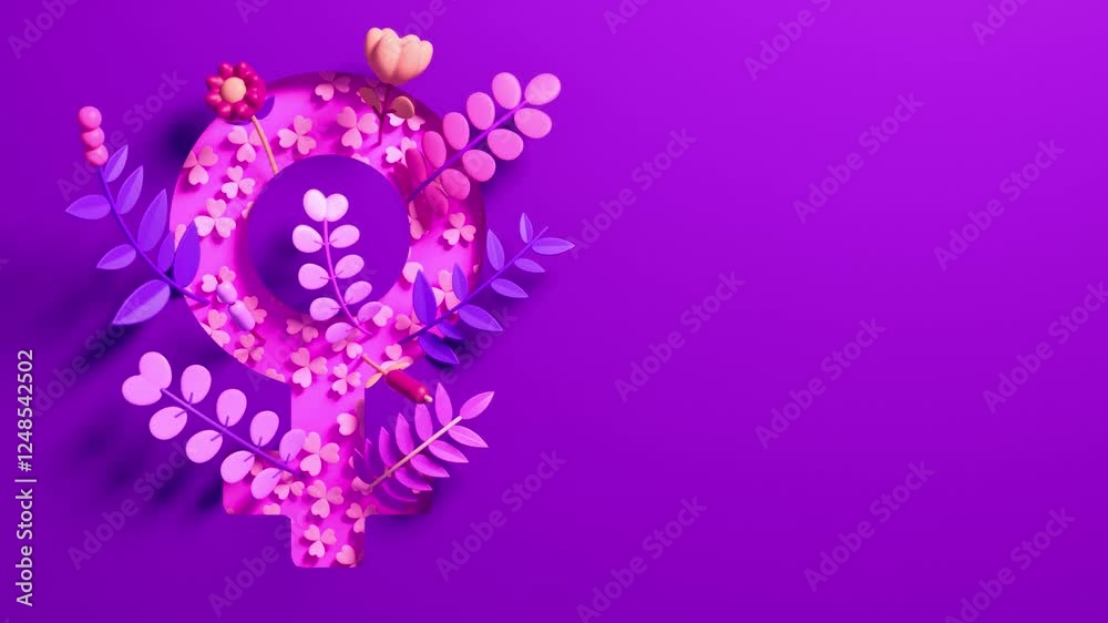 Womens Day looping video with female symbol with floral ornaments on a purple background in 3D animation and copy space. March 8 for feminism, independence, empowerment and activism for women rights