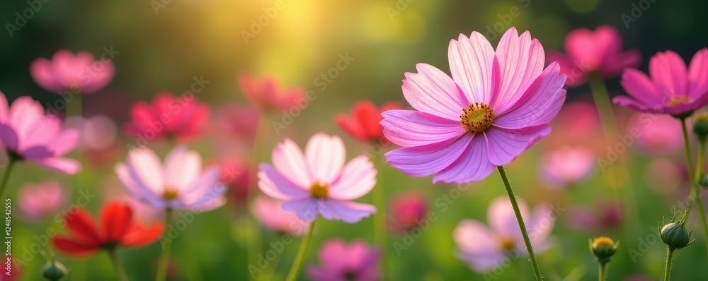 Cosmos flowers swaying gently in a garden breeze , image, picture, floral Cosmos flowers swaying gently in a garden breeze , image, picture, floral
