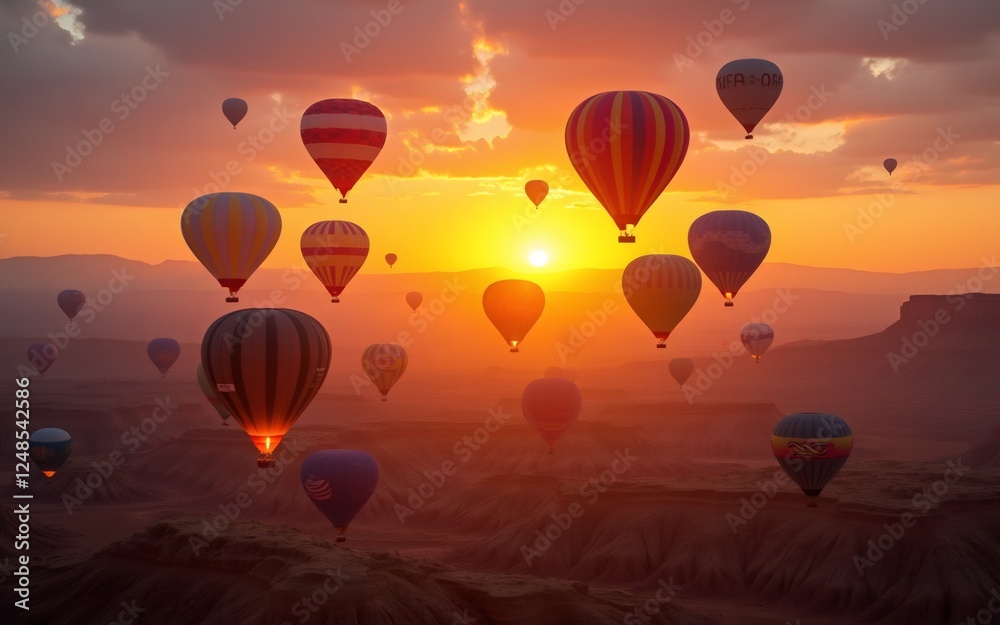 Colorful hot air balloons gracefully ascend against a vibrant sunset sky, illuminating the serene landscape below. Colorful hot air balloons gracefully ascend against a vibrant sunset sky, illuminating the serene landscape below.