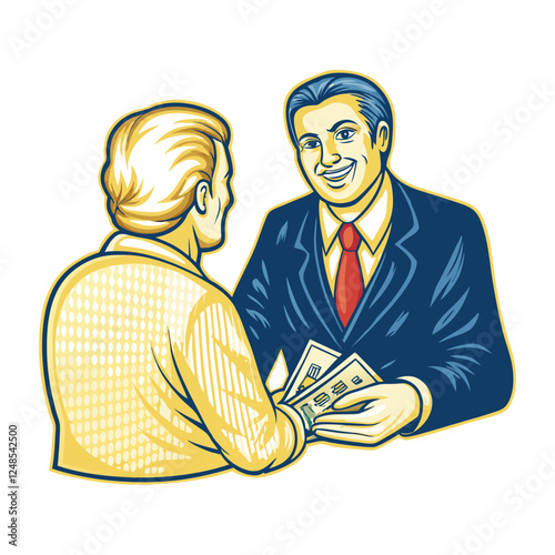 A sharply dressed banker in a dark suit and crimson tie, hands outstretched, presenting a small, possibly valuable, item to an unseen recipient.