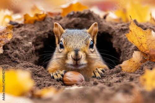 Squirrel foraging in autumn leaves as it digs for hidden nuts in the ground