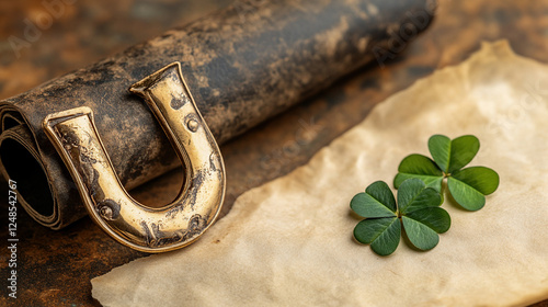 Golden Horseshoe and Four-Leaf Clover on Rustic Paper