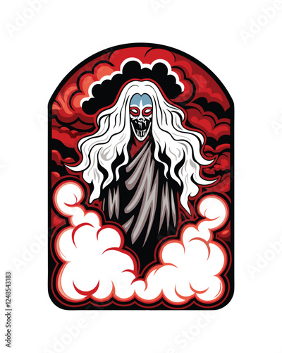 A vengeful banshee, silver hair wildly flowing, crimson eyes blazing, clutching a bloody weapon, screams amidst a stormy night.
