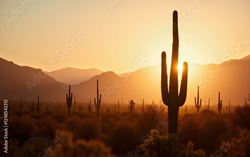 A tranquil desert scene at sunset, featuring silhouetted cacti against a colorful sky.