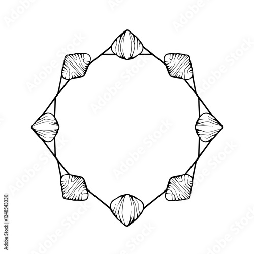 Black and white minimal outline, framed geometric wreath, ornamental frame, stylized, symmetrical, on white.