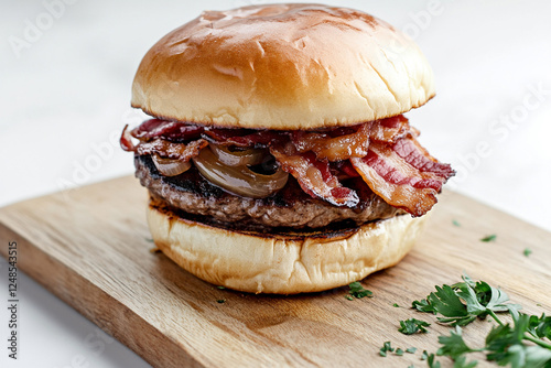 Burger with bacon and caramelized onions on a wooden board, on a white background photo