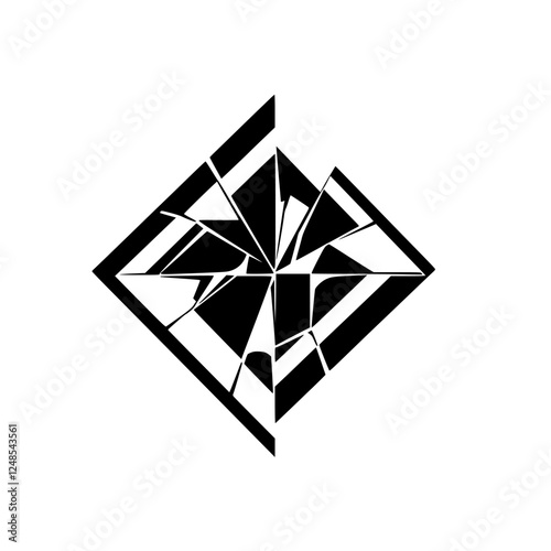 Black and White geometric abstract design featuring a diamond shape with fractured segments and a minimalist aesthetic.