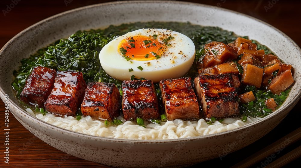 Asian noodle soup with grilled meat, soft boiled egg, and green onions in ceramic bowl, traditional Asian cuisine comfort food Asian noodle soup with grilled meat, soft boiled egg, and green onions in ceramic bowl, traditional Asian cuisine comfort food