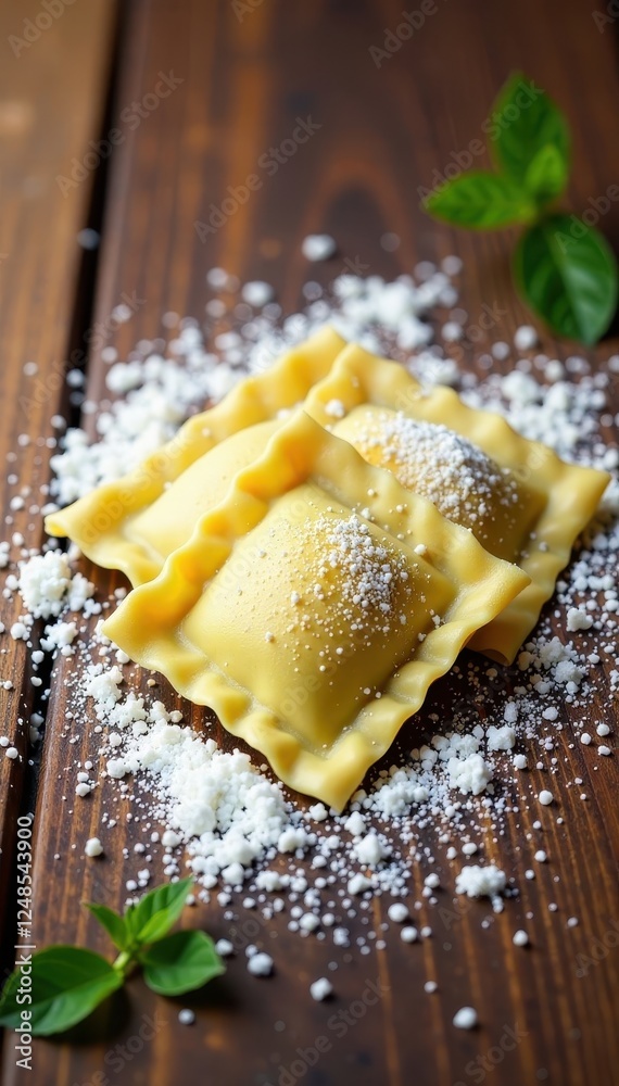 Ravioli creation, flour dusted wooden surface, flatlay, hands Ravioli creation, flour dusted wooden surface, flatlay, hands