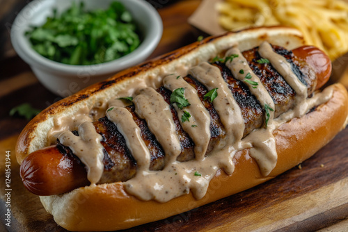 Gourmet hot dog with grilled sausage and cheese sauce photo