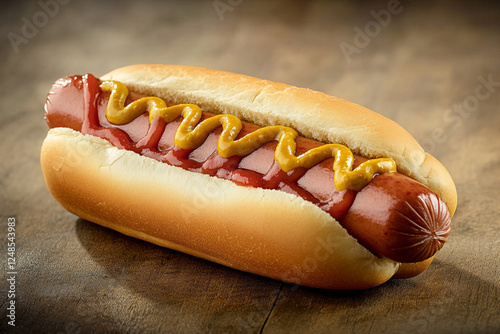 Hot dog with mustard, ketchup and onion in a soft bun photo