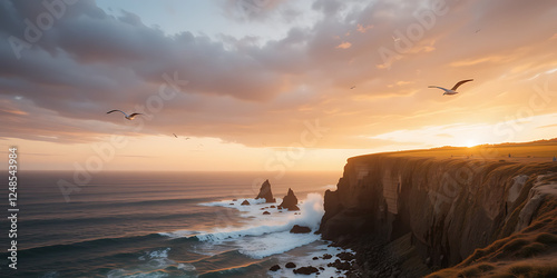 Golden Hour Coastal Cliff Overlooking Ocean Waves photo