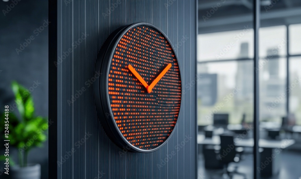 Modern Digital Wall Clock with Orange Hands in Office Interior Modern Digital Wall Clock with Orange Hands in Office Interior