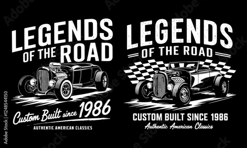 Legends of the Road T-Shirt Design - Vintage Hot Rod Graphic with Checkered Flag Theme. Custom Built Since 1986. Perfect for Car Lovers, Gearheads, and Classic American Car Enthusiasts!