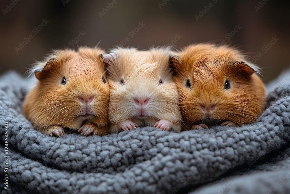 Adorable Trio of Guinea Pigs Snuggled on Soft Blanket for Cozy Animal Portrait Adorable Trio of Guinea Pigs Snuggled on Soft Blanket for Cozy Animal Portrait