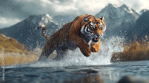 The Leap of the Tiger: A Powerful Panthera tigris in Action Amidst Nature's Splendor