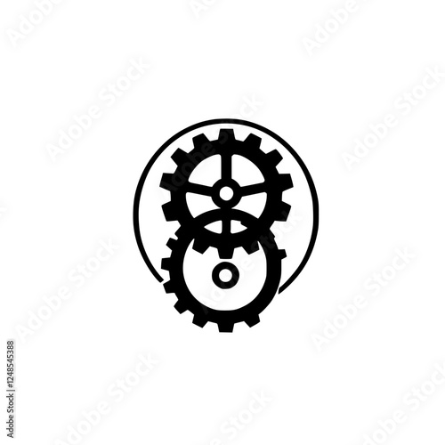 Black and white cogwheel logo, a minimalistic emblem with two overlapping gears, enclosed in a circle.