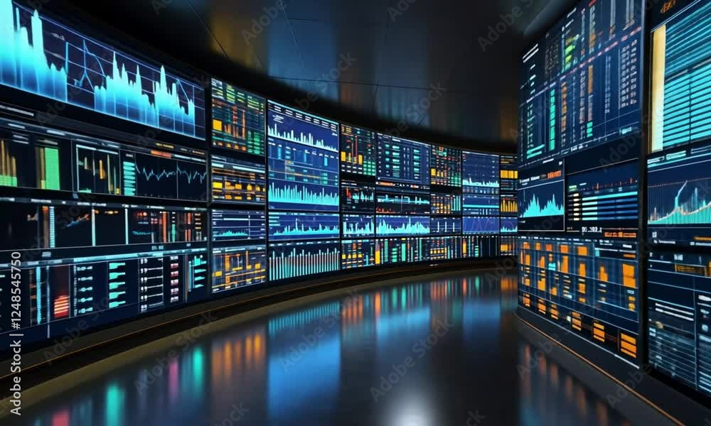 Stock data monitors analyze data in the monitoring room on data presented in graphs Stock data monitors analyze data in the monitoring room on data presented in graphs