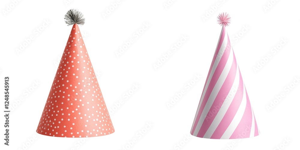 Party hats in pink and orange with decorative pom-poms on top. Birthday party.