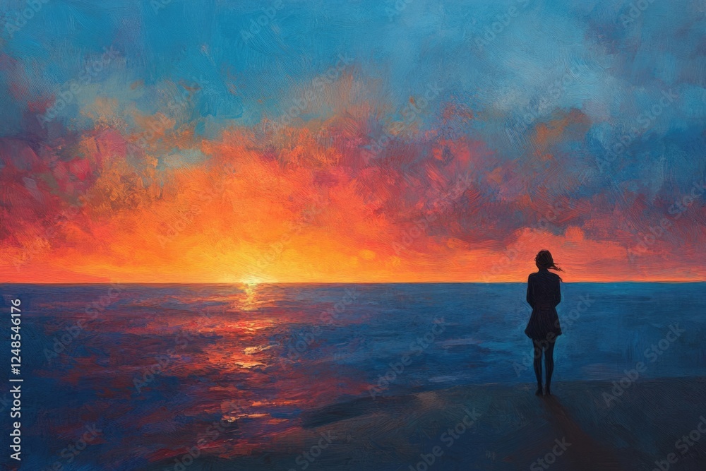 Obraz premium Solitary figure silhouetted against a vibrant sunset over a calm ocean.