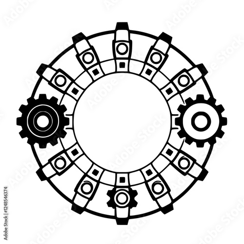 Concentric gear array design in black and white, gears and cogs of a clock or machine design.