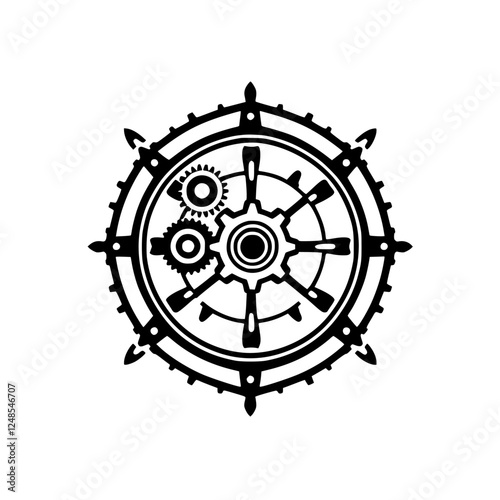 Steampunk-style, black and white illustration of a ship's steering wheel, incorporating intricate gears and a minimalist design.