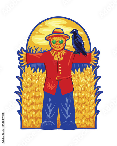 Render a terrifying scarecrow with a crudely stitched burlap face, tattered clothes, and ominous, glowing eyes in a dark, moonlit field.