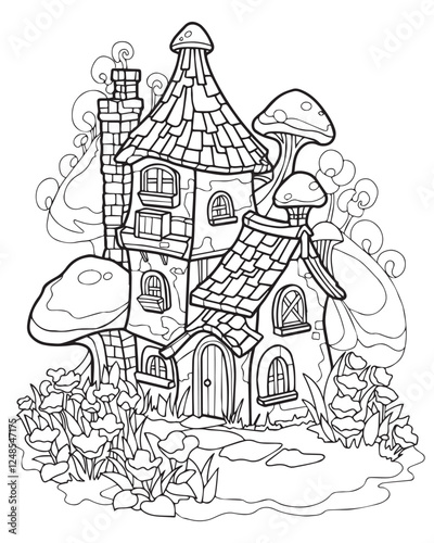 Coloring page. Fairy tale house. Magic forest hut, black and white picture