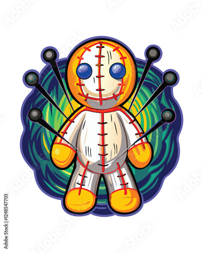 A creepy, detailed image of a cursed voodoo doll; beige stitched body, exaggerated features, dark, ominous background.