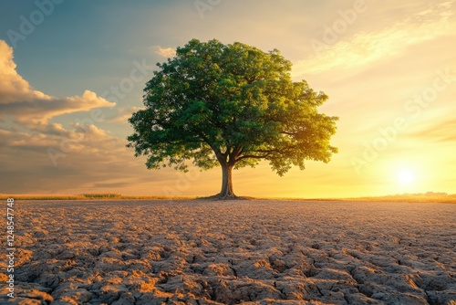 A lone tree stands resiliently in a parched landscape at sunset, symbolizing hope and endurance. photo