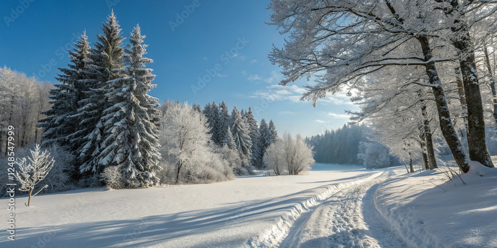 Obraz premium A picturesque snowy forest with untouched snow, towering trees, and a bright winter sky for a peaceful outdoor scene