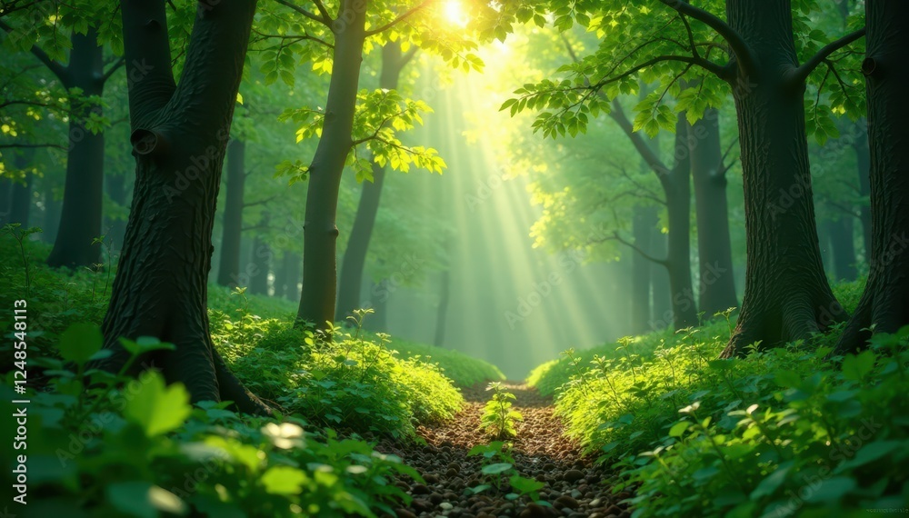 Fototapeta premium Sunbeams pierce emerald leaves, dappled light on forest floor, canopy, plant, high resolution