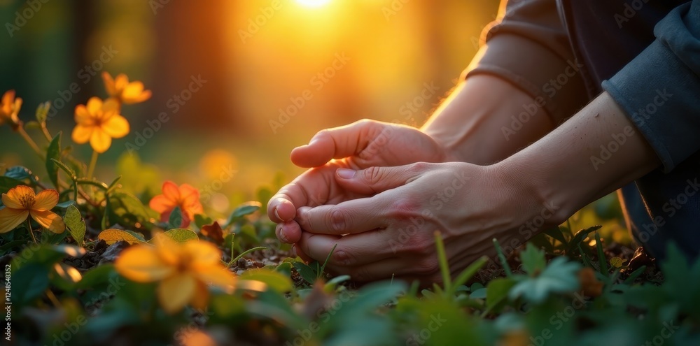 Fototapeta premium Warm light illuminates folded hands amidst vibrant foliage, organic, spiritual, green