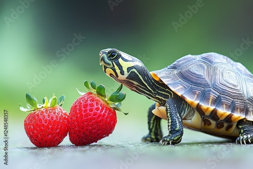 Tortoise exploring fresh strawberries in a vibrant green setting during daylight hours photo