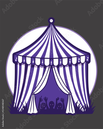 A brooding, dimly lit circus tent at night, featuring deep red and black striped canvas, emphasizing a mysterious and ominous atmosphere.