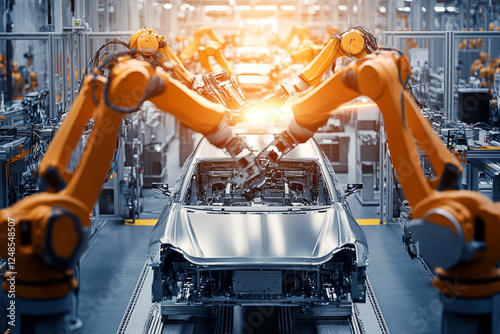 Car manufacturing assembly line with robotic arms working on vehicle production photo