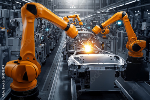 Car manufacturing assembly line with robotic arms working on vehicle production photo