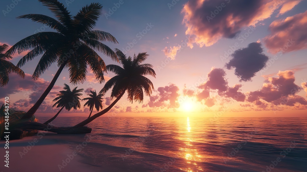 Obraz premium Palm trees silhouette on sunset tropical beach 8K realistic.