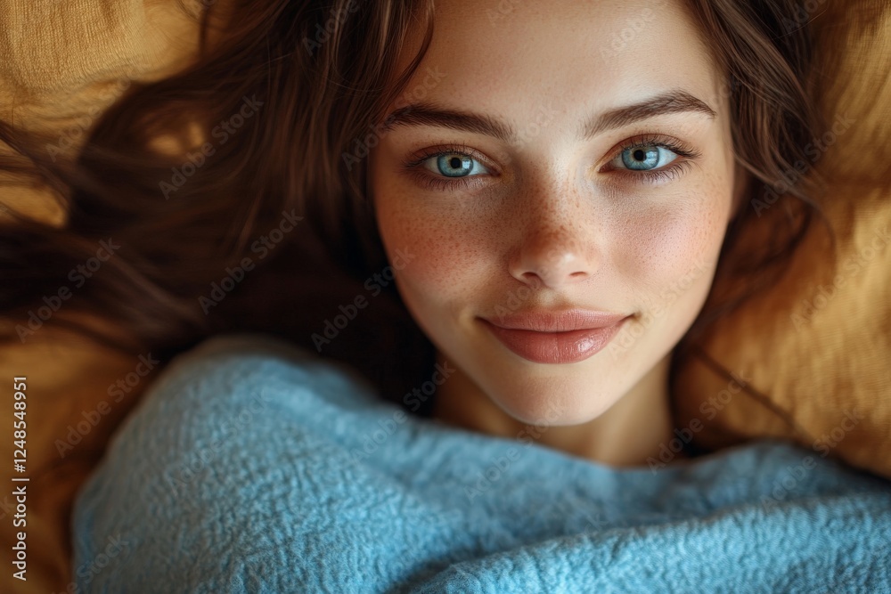 Natural portrait of a young woman with blue eyes and a gentle smile wrapped in a soft blanket Natural portrait of a young woman with blue eyes and a gentle smile wrapped in a soft blanket