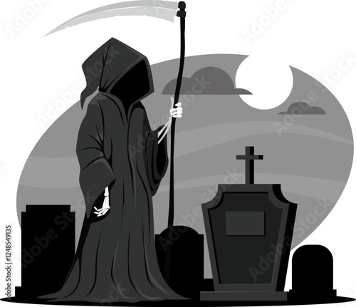 Death with scythe stands in cemetery near graves.