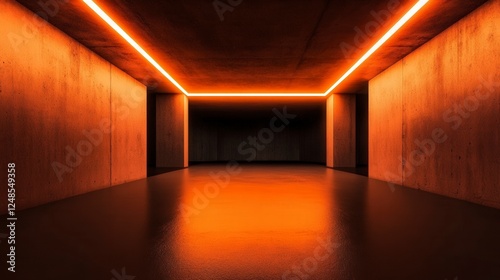 Orange Neon Lit Concrete Corridor - Modern Architectural Design