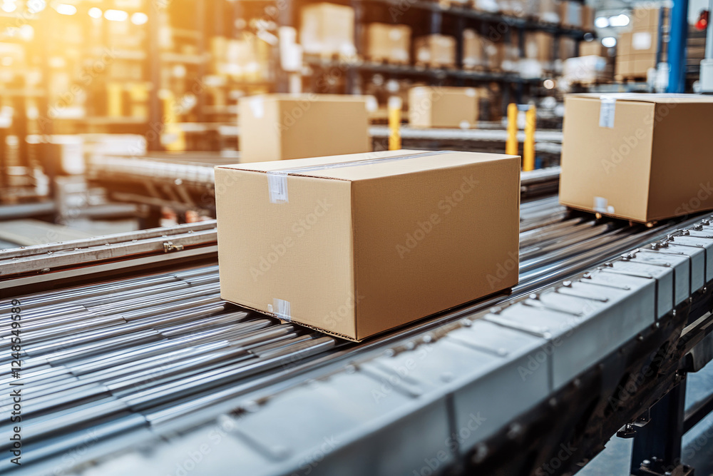 Package boxes moving on a conveyor belt in a modern warehouse logistics center Package boxes moving on a conveyor belt in a modern warehouse logistics center
