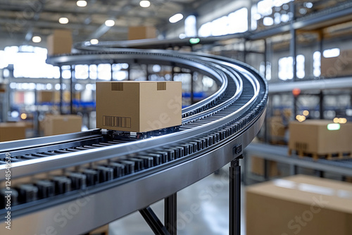 Package boxes moving on a conveyor belt in a modern warehouse logistics center photo