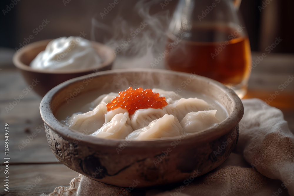 Clay bowl of steaming hot pelmeni, dumpling served with red caviar on a rustic table. Clay bowl with sour cream in the background. The concept of delicious simple national food. Clay bowl of steaming hot pelmeni, dumpling served with red caviar on a rustic table. Clay bowl with sour cream in the background. The concept of delicious simple national food.