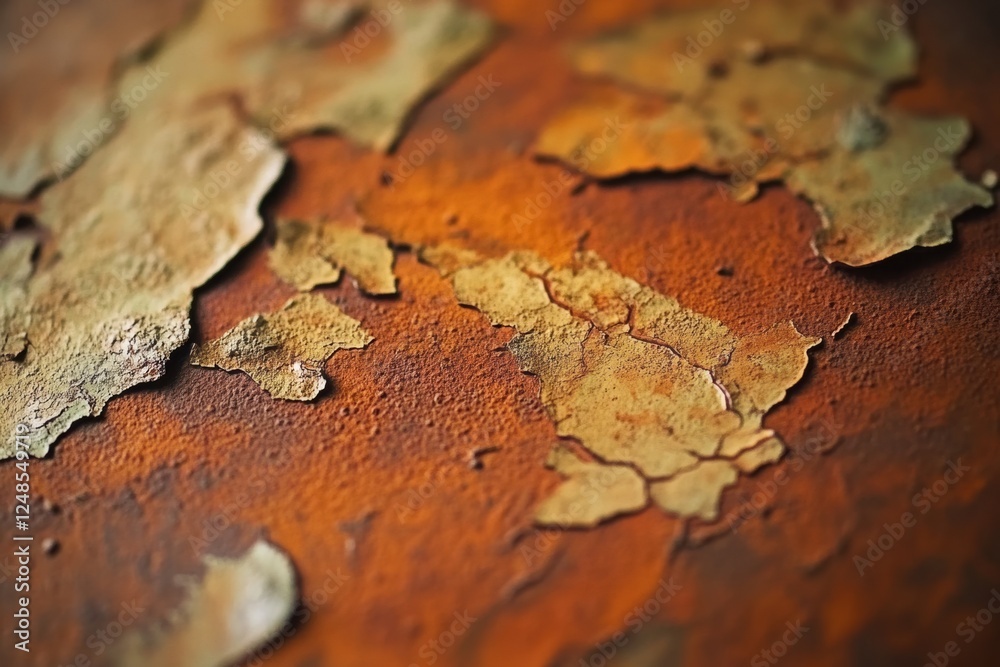 Rusty metal surface with peeling paint revealing layers underneath in close-up detail Rusty metal surface with peeling paint revealing layers underneath in close-up detail